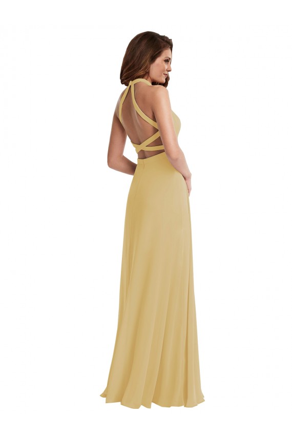 Online Oro línea A Halter Gasa Largo Vestidos de dama de honor