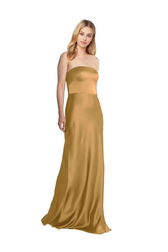 Online Oro línea A Sin tirantes Satén elástico Largo Formales Vestidos de dama de honor / Vestidos de fiesta