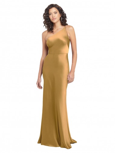 Online Oro línea A Un Hombre Satén elástico Largo Formales Vestidos de dama de honor / Vestidos de fiesta