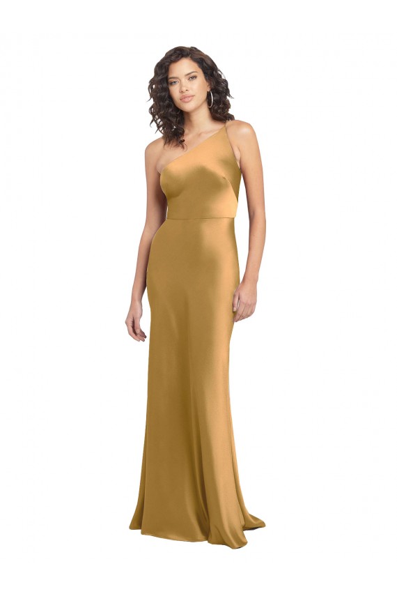 Online Oro línea A Un Hombre Satén elástico Largo Formales Vestidos de dama de honor / Vestidos de fiesta