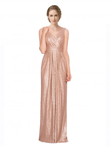 Online Oro rosa Cubierta Cuello en V Lentejuela Largo Formales Vestidos de dama de honor / Vestidos de fiesta