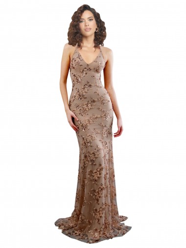 Online Oro rosa Sirena Cuello en V Cuello Alto Crepé Elástico Lentejuela Tul Largo Formales Vestidos de dama de honor / Vestidos de fiesta