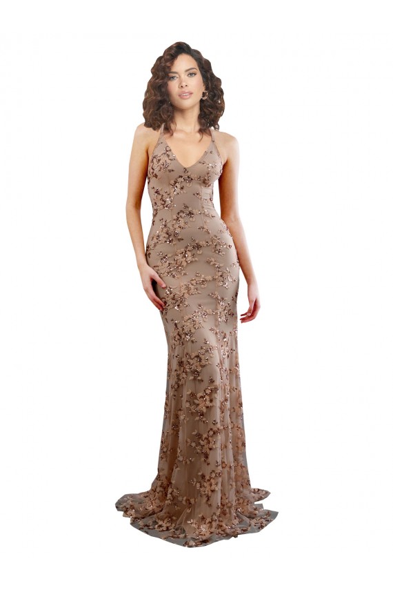 Online Oro rosa Sirena Cuello en V Cuello Alto Crepé Elástico Lentejuela Tul Largo Formales Vestidos de dama de honor / Vestidos de fiesta