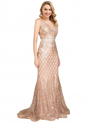 Online Oro rosa Sirena Cuello en V Lentejuela Lentejuelas brillantes Largo Formales Vestidos de dama de honor / Vestidos de fiesta