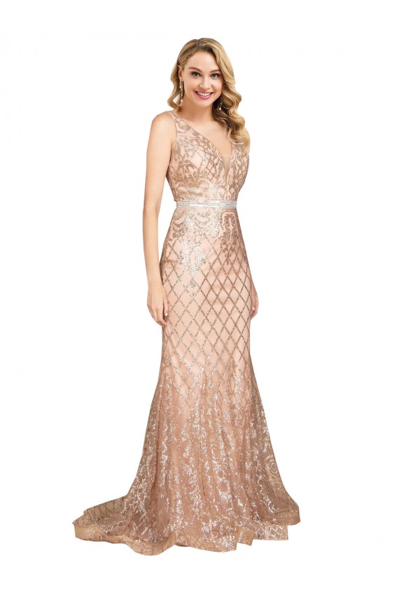Online Oro rosa Sirena Cuello en V Lentejuela Lentejuelas brillantes Largo Formales Vestidos de dama de honor / Vestidos de fiesta