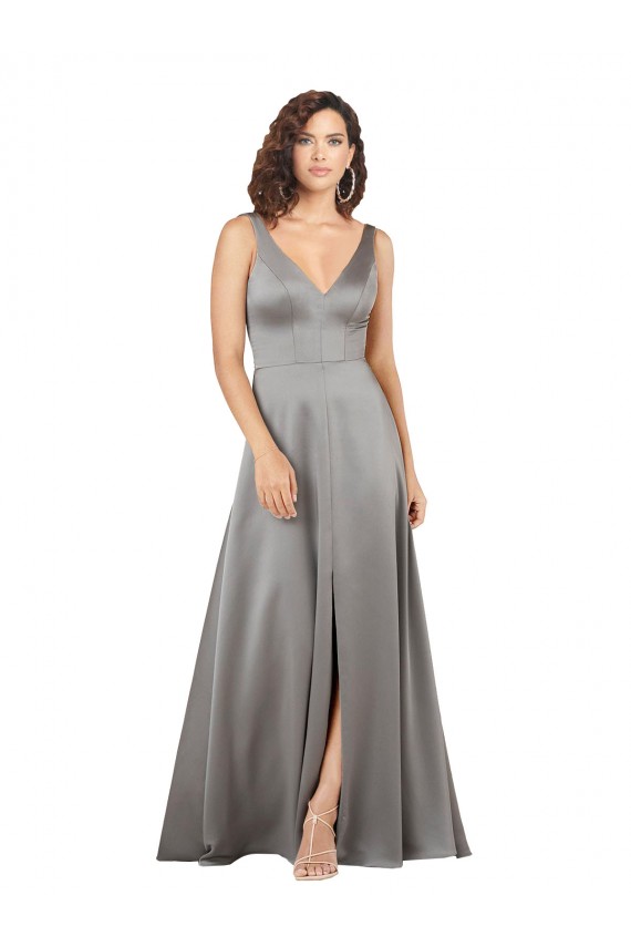 Online Pearl Grey línea A Cuello en V Satén sedoso Largo Formales Vestidos de dama de honor / Vestidos de fiesta