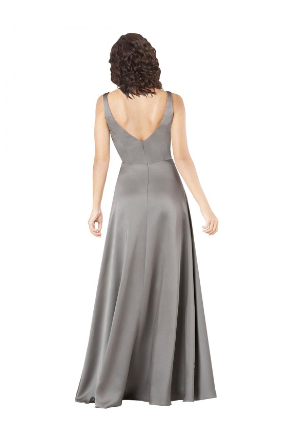 Online Pearl Grey línea A Cuello en V Satén sedoso Largo Formales Vestidos de dama de honor / Vestidos de fiesta