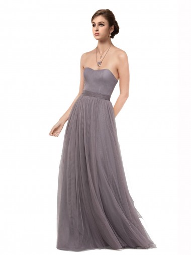 Online Pewter línea A Tirantes espagueti Tul Largo Vestidos de dama de honor