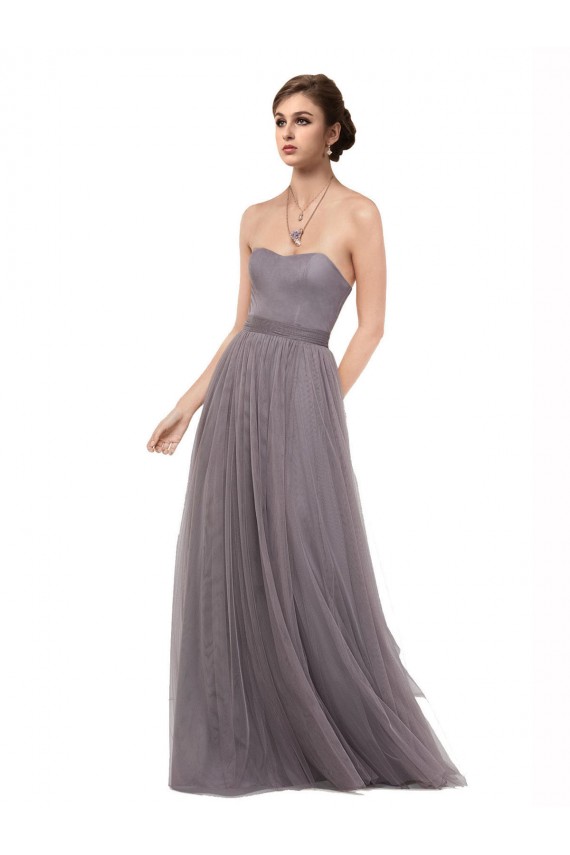 Online Pewter línea A Tirantes espagueti Tul Largo Vestidos de dama de honor