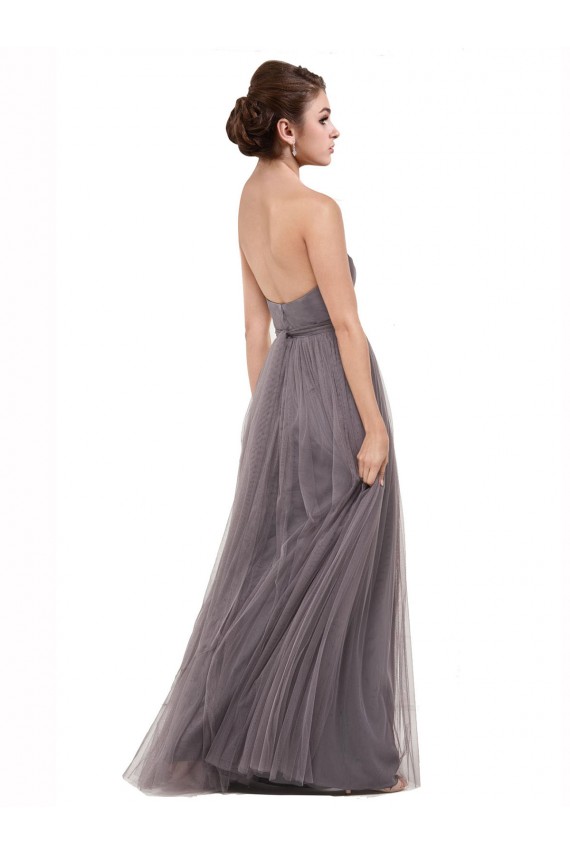 Online Pewter línea A Tirantes espagueti Tul Largo Vestidos de dama de honor