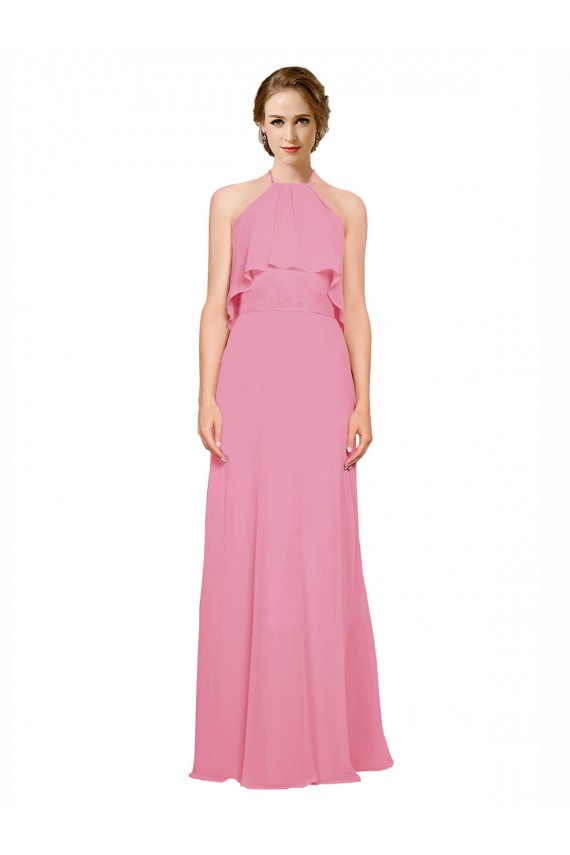 Online Piel rosa línea A Halter Cuello Alto Gasa Largo Vestidos de dama de honor