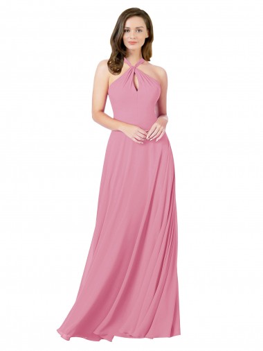 Online Piel rosa línea A Halter Gasa Largo Vestidos de dama de honor / Vestidos de fiesta