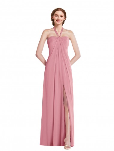 Online Piel rosa línea A Halter Gasa Largo Vestidos de dama de honor