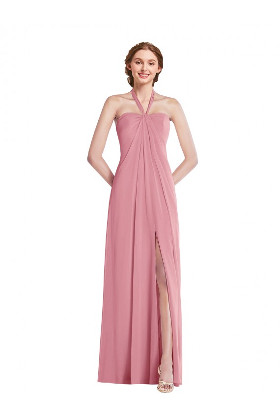 Online Piel rosa línea A Halter Gasa Largo Vestidos de dama de honor