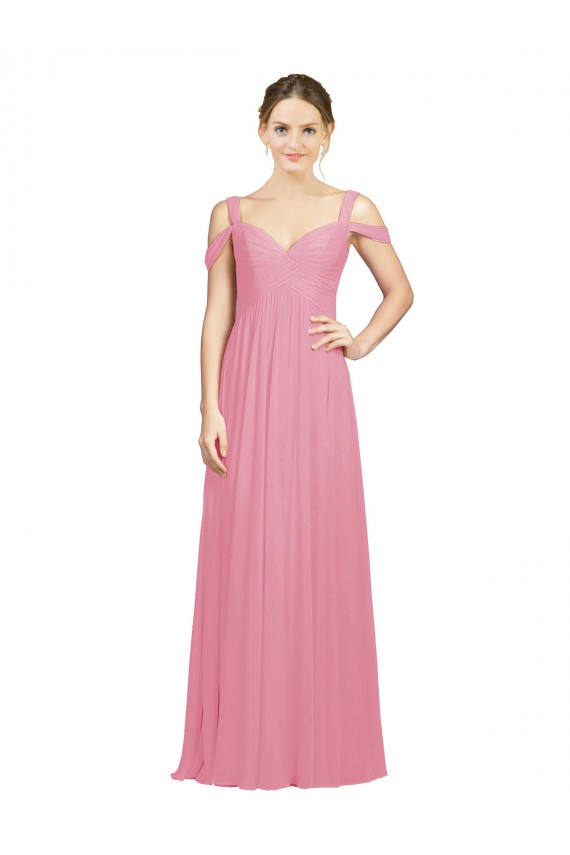 Online Piel rosa línea A Hombros Descubiertos Gasa Largo Vestidos de dama de honor