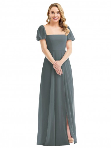 Online Pizarra gris línea A Cuadrado Gasa Largo Vestidos de dama de honor