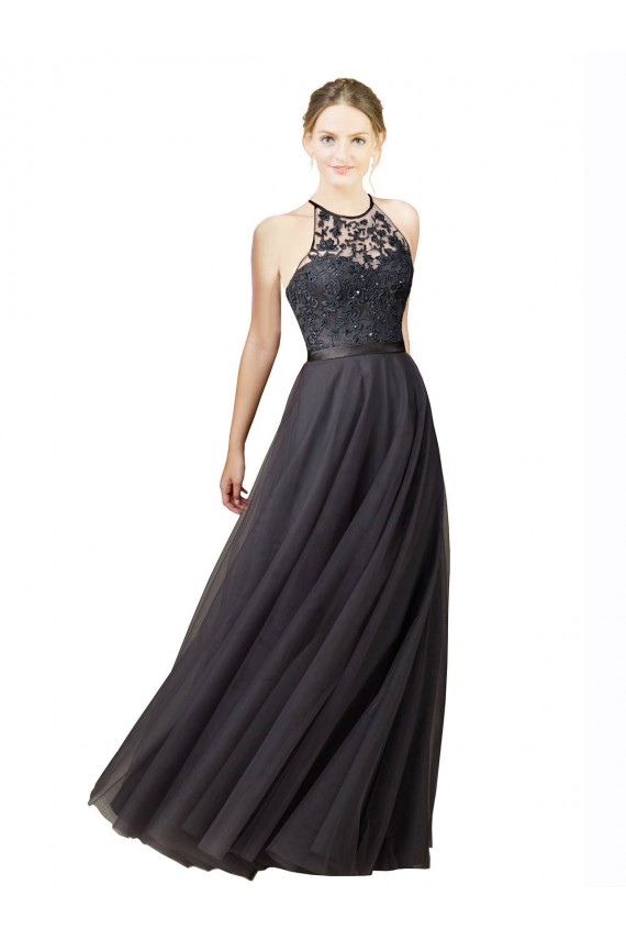 Online Pizarra gris línea A Cuello de Corazón Tul Encaje Largo Vestidos de dama de honor
