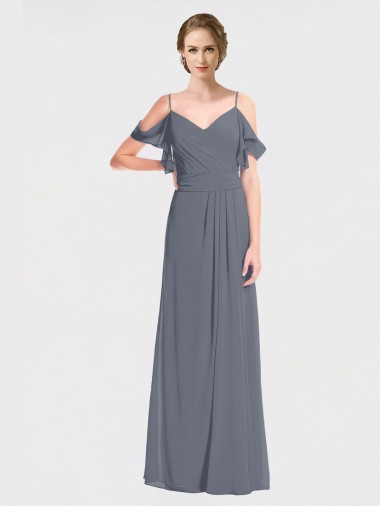 Online Pizarra gris línea A Hombros Descubiertos Cuello en V Gasa Largo Vestidos de dama de honor
