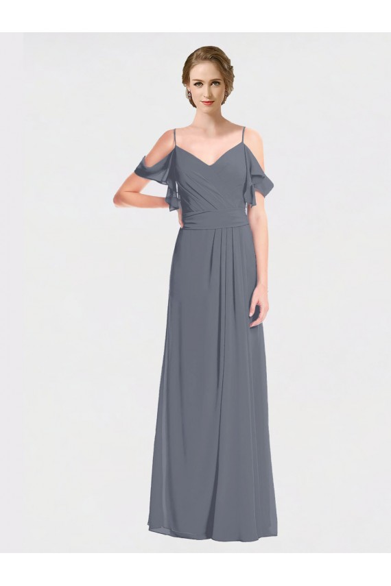 Online Pizarra gris línea A Hombros Descubiertos Cuello en V Gasa Largo Vestidos de dama de honor