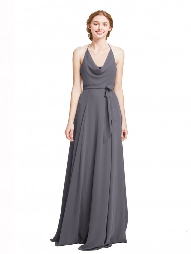 Online Pizarra gris línea A Tirantes espagueti Halter Gasa Largo Vestidos de dama de honor