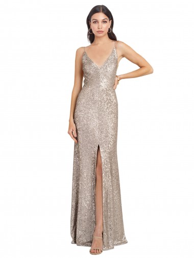 Online Plata Cubierta Cuello en V Cuello Alto Lentejuela Lentejuelas brillantes Largo Formales Vestidos de dama de honor / Vestidos de fiesta