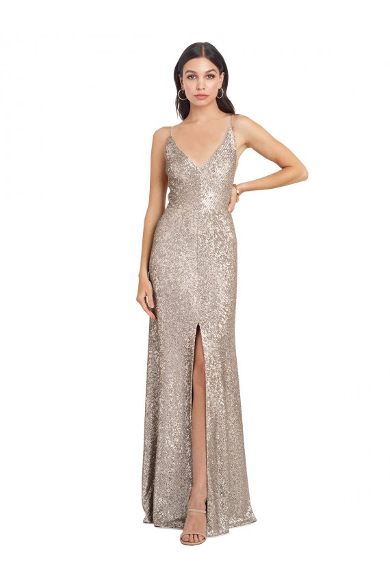 Online Plata Cubierta Cuello en V Cuello Alto Lentejuela Lentejuelas brillantes Largo Formales Vestidos de dama de honor / Vestidos de fiesta