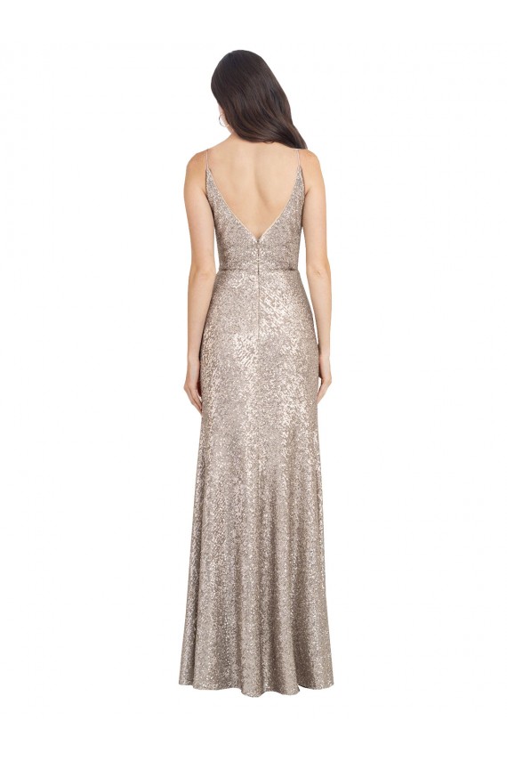Online Plata Cubierta Cuello en V Cuello Alto Lentejuela Lentejuelas brillantes Largo Formales Vestidos de dama de honor / Vestidos de fiesta