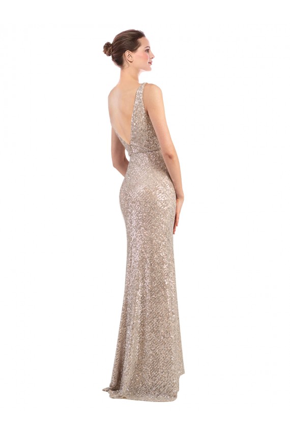 Online Plata Cubierta Cuello en V Lentejuela Lentejuelas brillantes Largo Formales Vestidos de dama de honor / Vestidos de fiesta