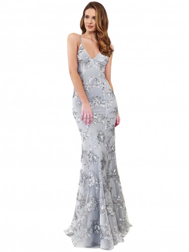 Online Plata Sirena Cuello en V Cuello Alto Crepé Elástico Lentejuela Tul Largo Formales Vestidos de dama de honor / Vestidos de fiesta