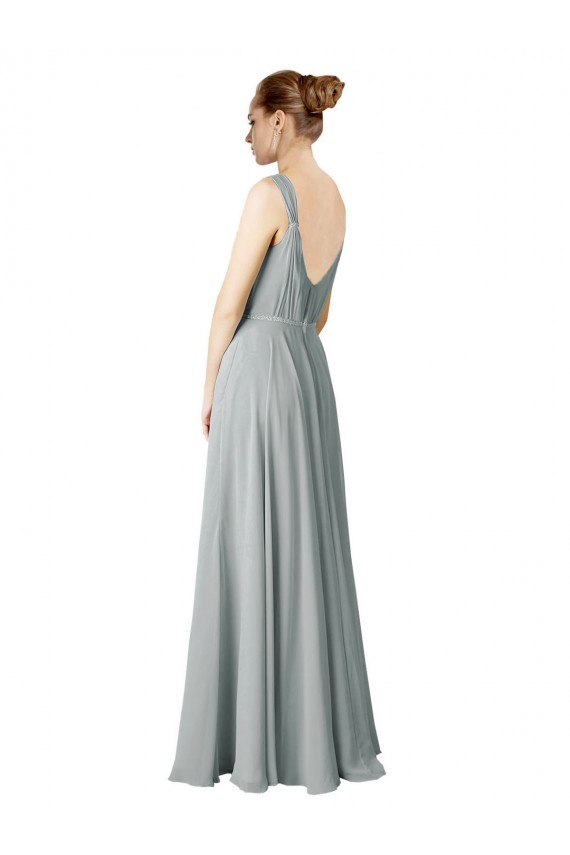 Online Plata línea A Cuello en V Gasa Largo Vestidos de dama de honor