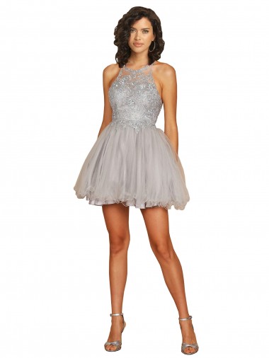 Online Plata línea A Halter Corto Tul Corto Vestidos de dama de honor / Vestidos de cóctel / Vestidos para homecoming
