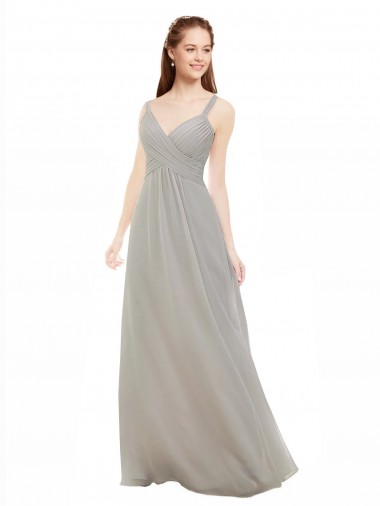 Online Plata línea A Tirantes espagueti Cuello en V Gasa Largo Vestidos de dama de honor