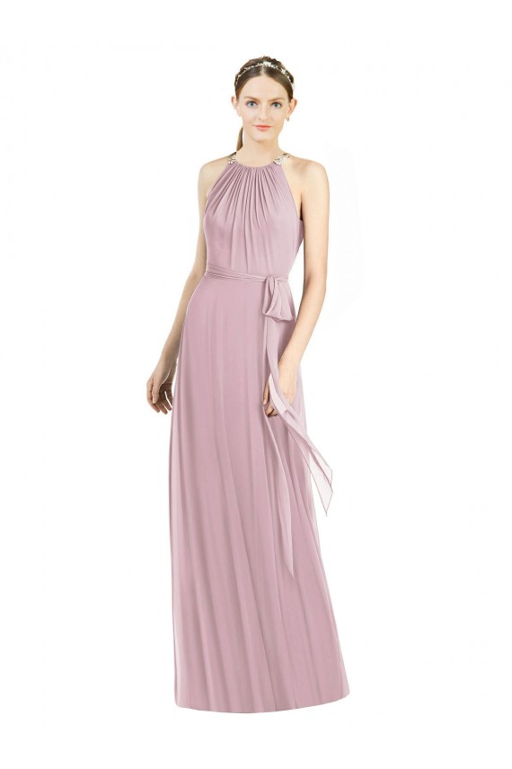 Online Primavera línea A Halter Gasa Largo Vestidos de dama de honor