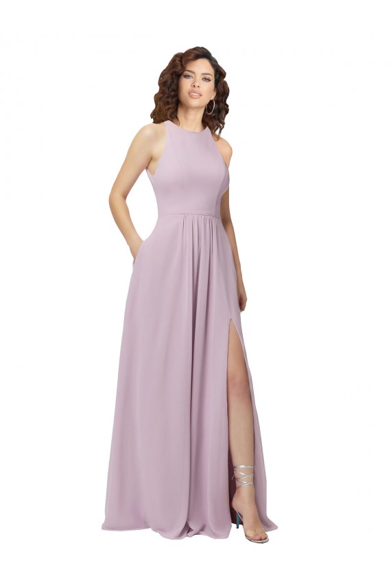 Online Resplandor rosa línea A Halter Cuello Alto Gasa Largo Vestidos de dama de honor