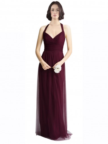 Online Rojo 74 línea A Halter Cuello en V Tul Largo Vestidos de dama de honor