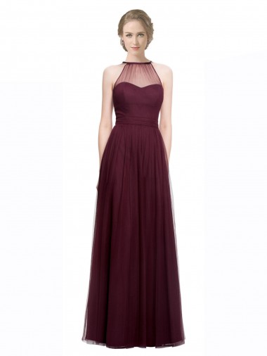 Online Rojo 74 línea A Halter Ilusión Tul Largo Vestidos de dama de honor