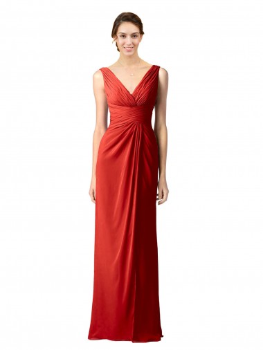 Online Rojo Cubierta Cuello en V Gasa Largo Vestidos de dama de honor