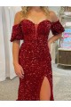 Online Rojo Cubierta Hombros Descubiertos Cola corte Lentejuelas Terciopelo Largo Vestidos de fiesta
