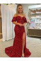 Online Rojo Cubierta Hombros Descubiertos Cola corte Lentejuelas Terciopelo Largo Vestidos de fiesta