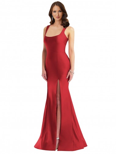 Online Rojo Sirena Cuadrado Satén sedoso Largo Formales Vestidos de dama de honor / Vestidos de fiesta