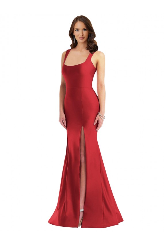 Online Rojo Sirena Cuadrado Satén sedoso Largo Formales Vestidos de dama de honor / Vestidos de fiesta