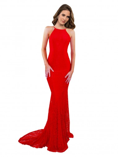 Online Rojo Sirena Cuello Alto Encaje Largo Formales Vestidos de dama de honor / Vestidos de fiesta