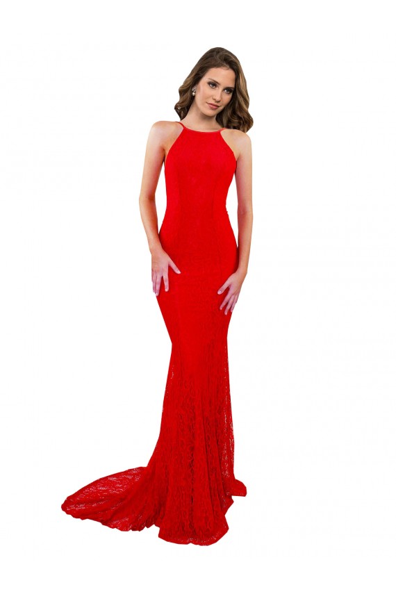 Online Rojo Sirena Cuello Alto Encaje Largo Formales Vestidos de dama de honor / Vestidos de fiesta