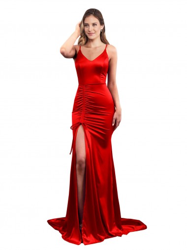 Online Rojo Sirena Cuello de Corazón Satén elástico Largo Formales Vestidos de dama de honor / Vestidos de fiesta