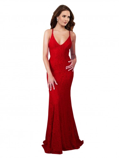 Online Rojo Sirena Cuello en V Encaje Largo Formales Vestidos de dama de honor / Vestidos de fiesta