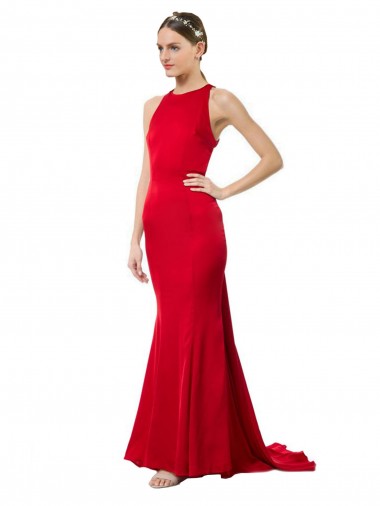 Online Rojo Sirena Halter Cuello Alto Crepé Elástico Largo Formales Vestidos de dama de honor / Vestidos de fiesta