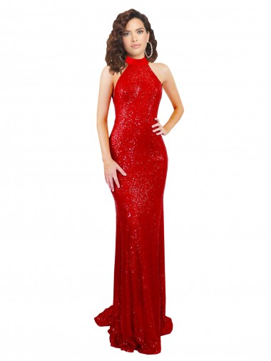 Online Rojo Sirena Halter Cuello Alto Lentejuela Largo Formales Vestidos de dama de honor / Vestidos de fiesta