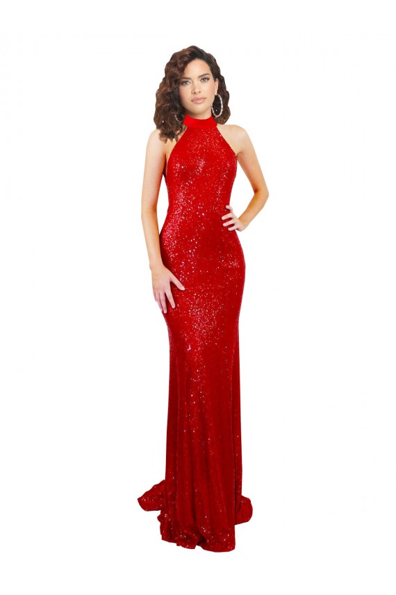 Online Rojo Sirena Halter Cuello Alto Lentejuela Largo Formales Vestidos de dama de honor / Vestidos de fiesta