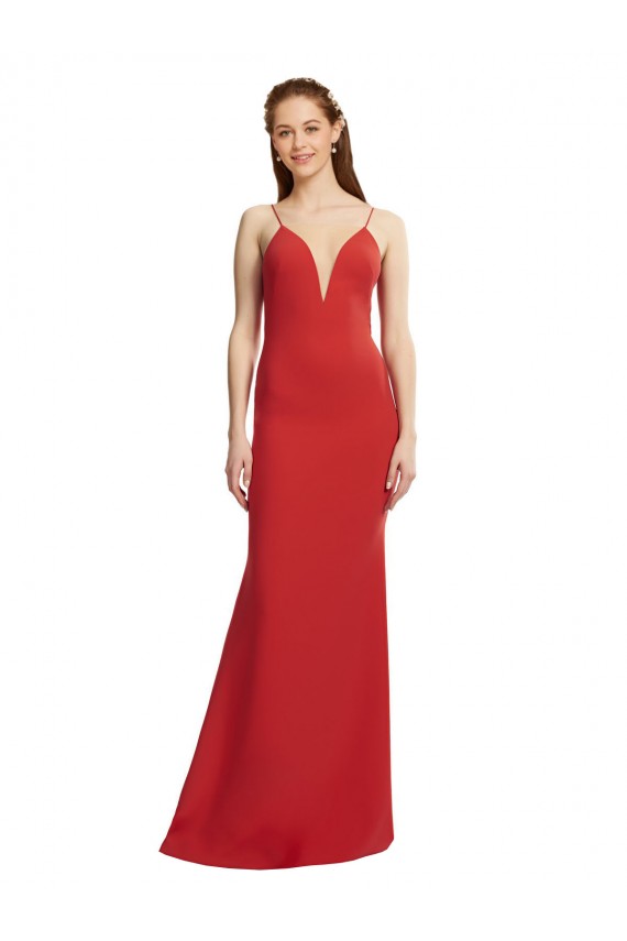Online Rojo Sirena Tirantes espagueti Cuello en V Crepé Elástico Largo Formales Vestidos de dama de honor / Vestidos de fiesta