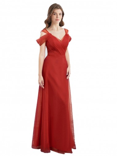 Online Rojo línea A Cuello de Corazón Tul Largo Vestidos de dama de honor